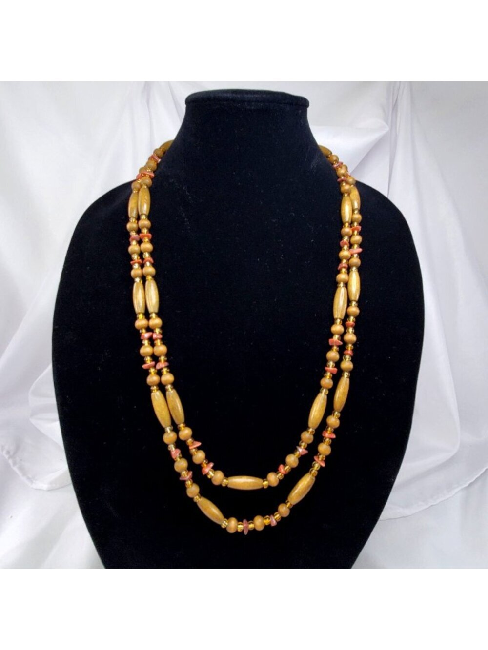 Vintage Boho Beaded Necklace Brown Wood Beads & Amber Accents 60 long